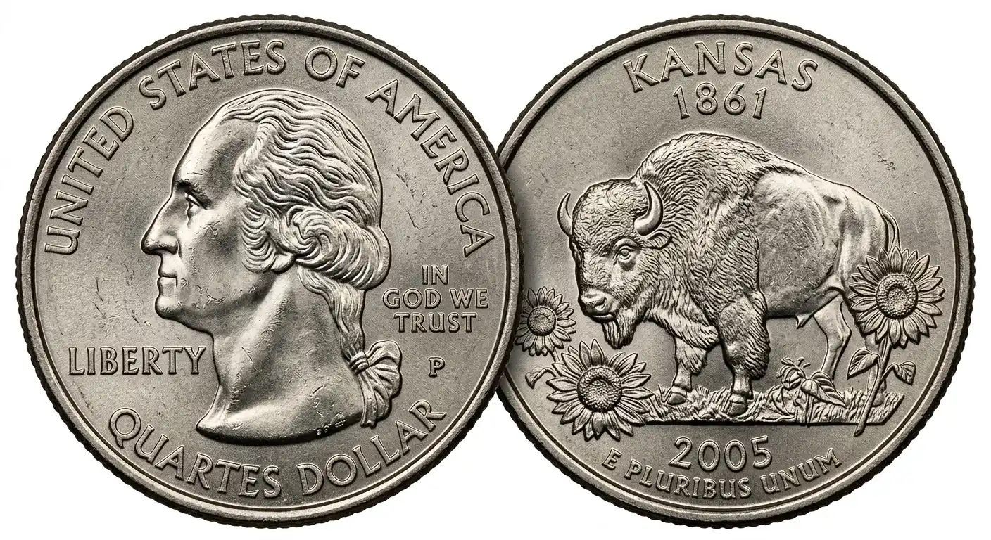 2005 Kansas quarter coin enlarged macro perspective showing surface details and relief