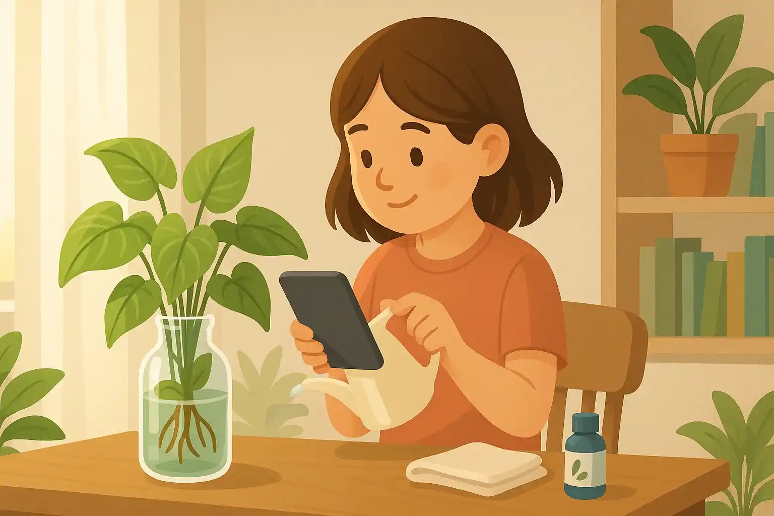 A child is learning how to care about a water-growing plant.