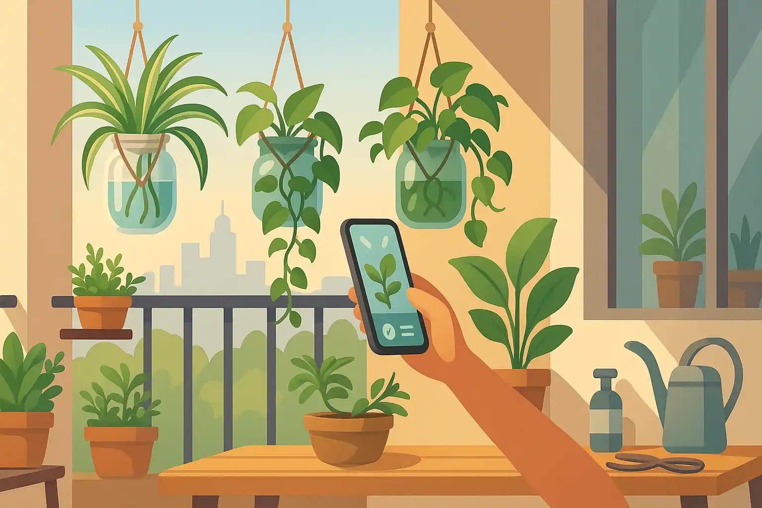A corner of a balcony filled with water-growing plants.