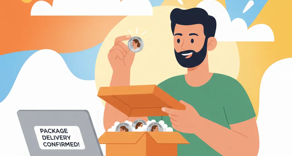 man unpacks the package with the coins